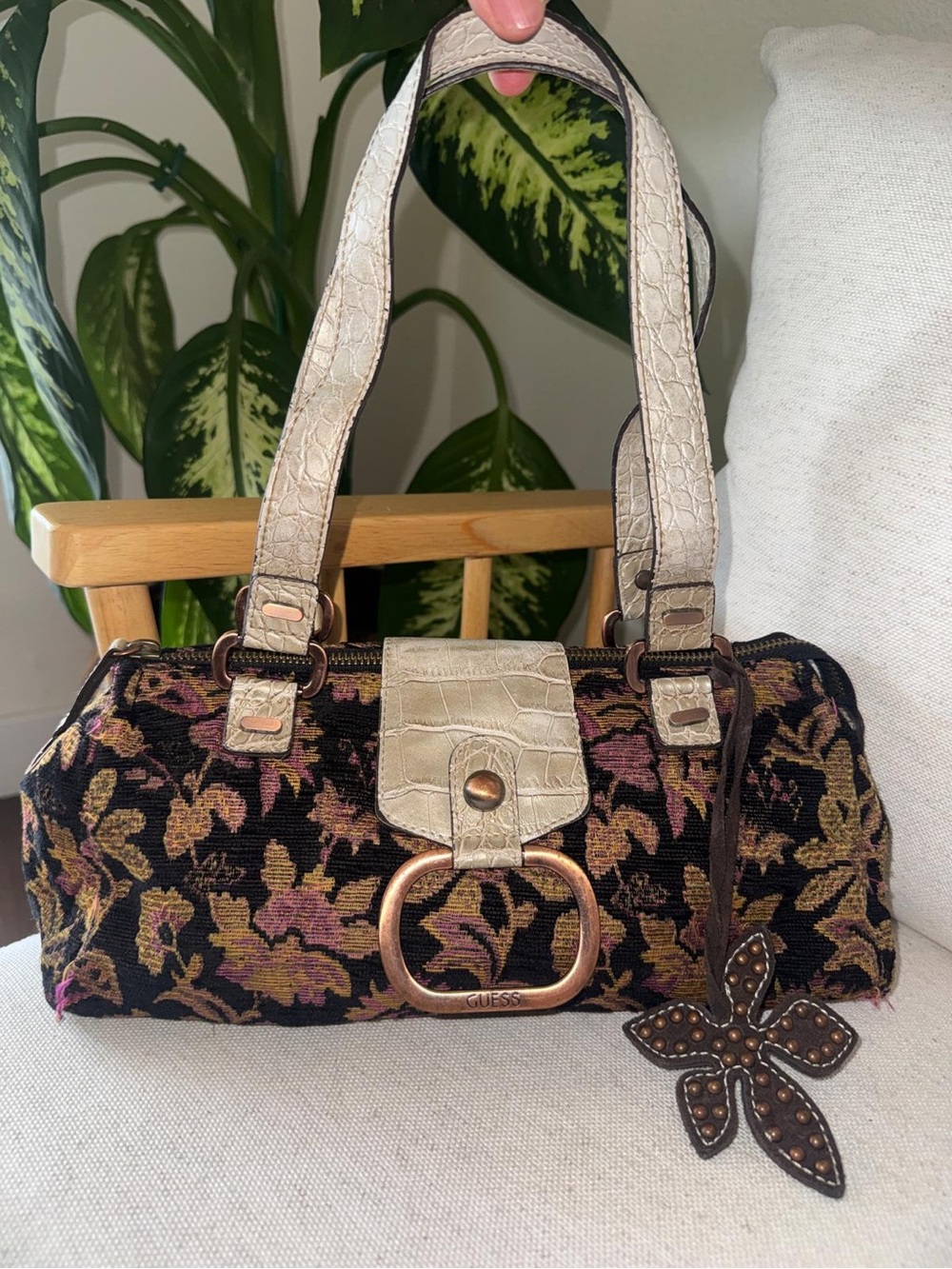 RARE GUESS Vintage Y2K Floral Multicolor Tapestry Cream Croc-Trim Shoulder Bag